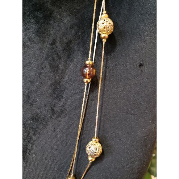 Women's Multi-Strand Beaded Necklace Gold Tone Brown Glass Beads Layered Chain - Picture 4 of 6